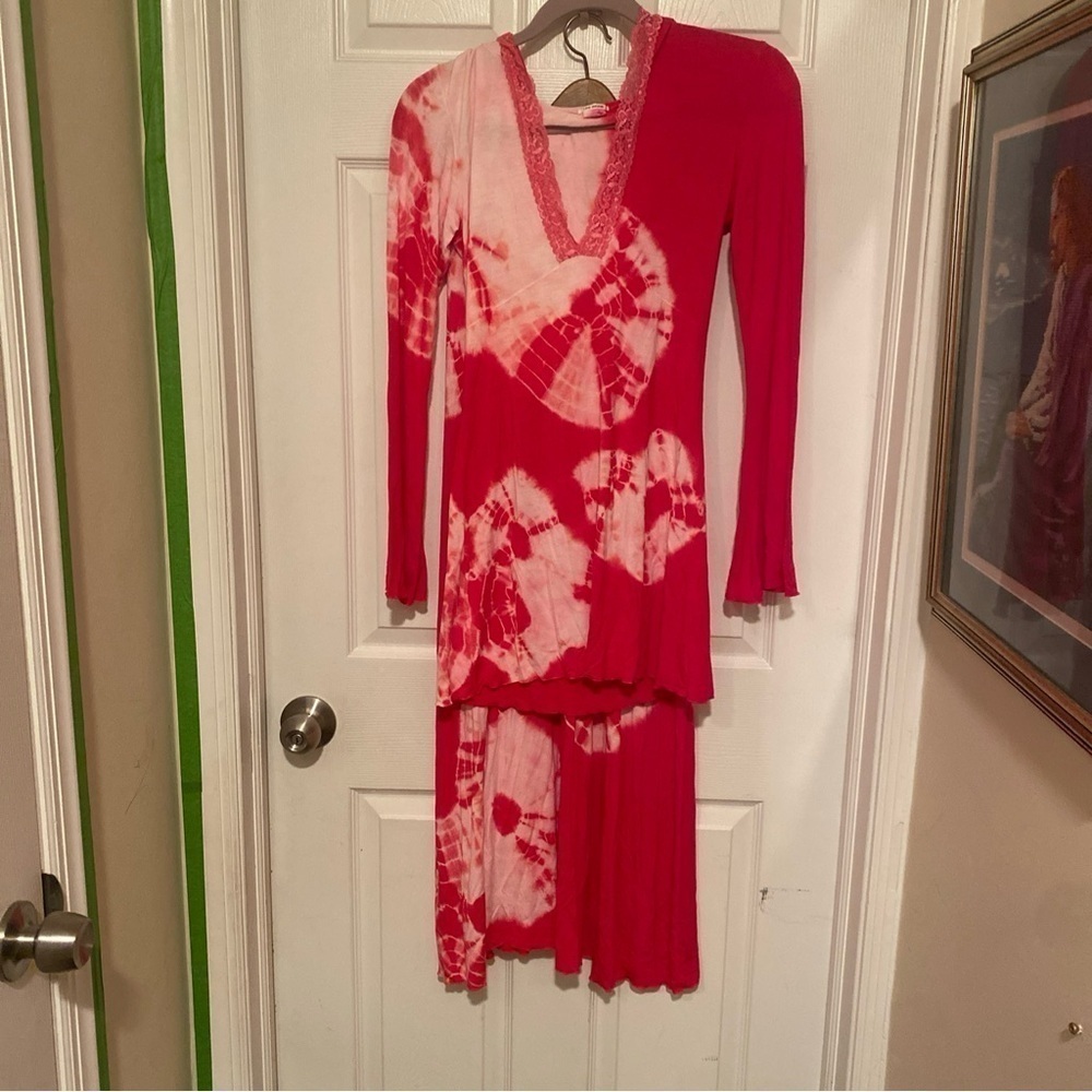 Love Tanjane Rayon Womens Pink Stretch Tie Dye Top Oversized SM & Maxi Skirt Med